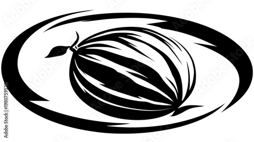 Stylized black and white image of a textured fruit surrounded by an oval shape