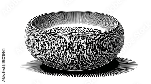 Black and white graphic of a bowl filled with small items, casting a shadow
