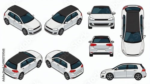 Illustration of a white hatchback car with a black roof shown from various angles.