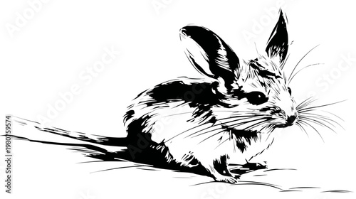 Graphic art black and white illustration of a sitting long-eared mouse, detailed whiskers