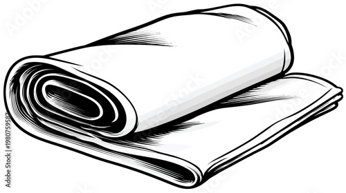 Rolled white textile with dark sketch lines, partly unrolled on a simple surface