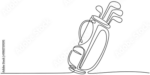 Minimalist continuous line drawing of a golf bag with clubs