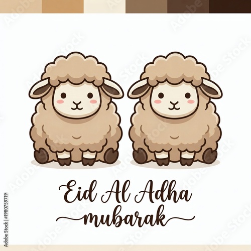 Two cartoon sheep with fluffy wool and an Eid Al Adha mubarak message below them.