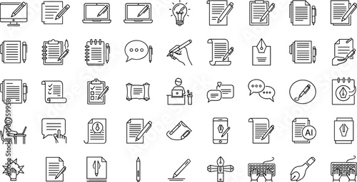 Writing documentation editing line icons set featuring notes notebook content creation messaging productivity office outline vector collection