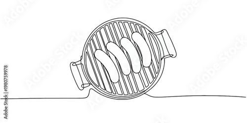 Minimalist line drawing of sausages on a grill barbecue 1