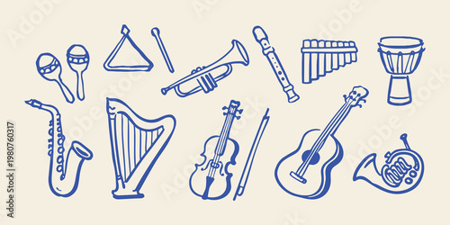 Musical instruments set naive doodle vector illustration