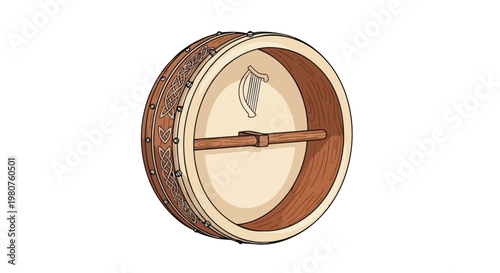 Bodhran Drum with Harp Symbol Traditional Irish Music Instrument.