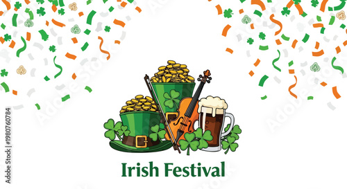 Saint Patrick's Day Irish Festival Symbols - Beer Violin Pot of Gold.
