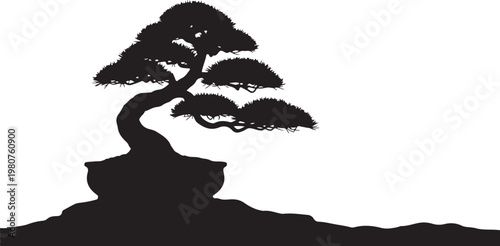 Black silhouette of bonsai tree on white background
