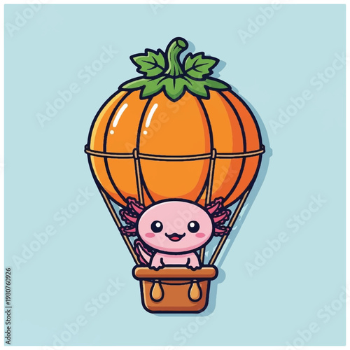Smiling pink axolotl in pumpkin hot air balloon.