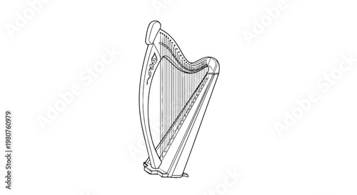 Celtic Harp Line Art Graphic - Irish Musical Instrument Drawing.