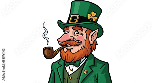St Patricks Day Leprechaun Smoking Pipe Festive Green Hat Clover Symbol Irish Folklore.