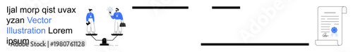 Business strategy, teamwork, legal analysis, decision making, corporate balance. Two people on a scale in discussion beside a document. Business strategy and teamwork concepts