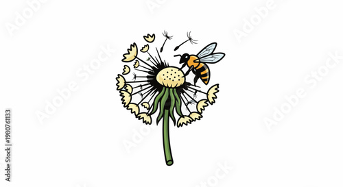 A cartoon bee rests on a dandelion puff as seeds float away