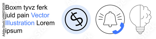 Finance, communication alerts, creative ideas, business solutions, economic growth, technology. Dollar symbol, bell with phone and light bulb icon. Finance and communication concepts clearly