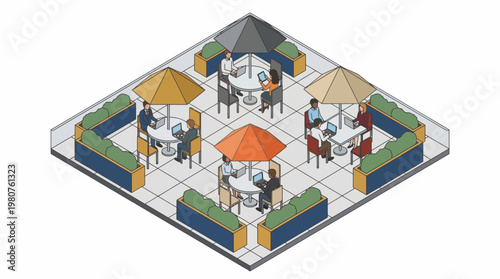 Employees collaborate in an open office with a business rooftop patio area