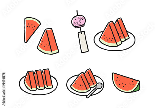 すいかの手描きイラストセット