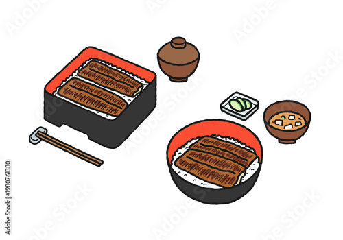 うな重の手描きイラストセット