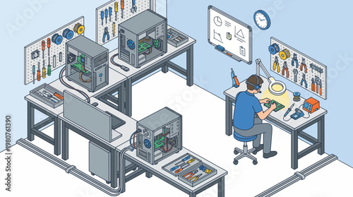 A person works in an open office business setting with machines and computers