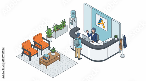 Receptionist greets client in modern open office business lobby area