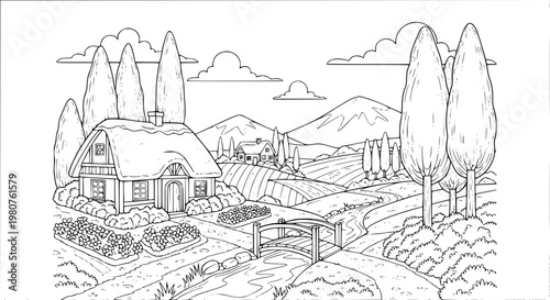 Decorative rural village landscape coloring page with cottage bridge and countryside scenery