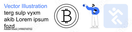 Cryptocurrency, blockchain, financial technology, digital currency, economy, payment systems. Person holding Bitcoin symbol with abstract running icon. Cryptocurrency and blockchain concept
