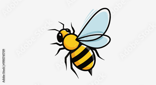 A cartoon bee with yellow and black stripes and light blue wings