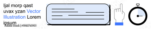 Navigation, time management, interaction, user interface, productivity, communication. A hand pointing, a stopwatch and text layout. Navigation and time management creatively