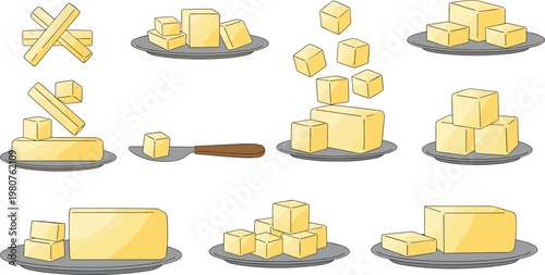 Butter Illustration Set Featuring Butter Blocks Cubes and Slices on Plates with Knife in Dairy Food Collection for Cooking and Baking Design Isolated on White Background