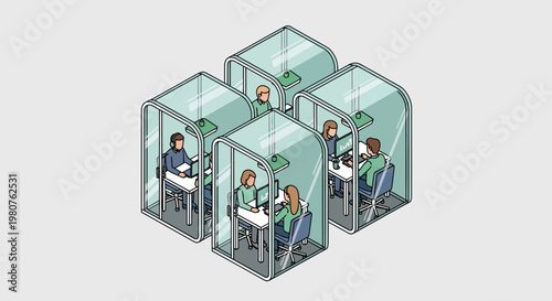 Employees working in an open office space with business cubicles