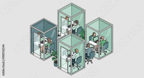 Employees work in a modern open office with glass partitions and business colleagues.