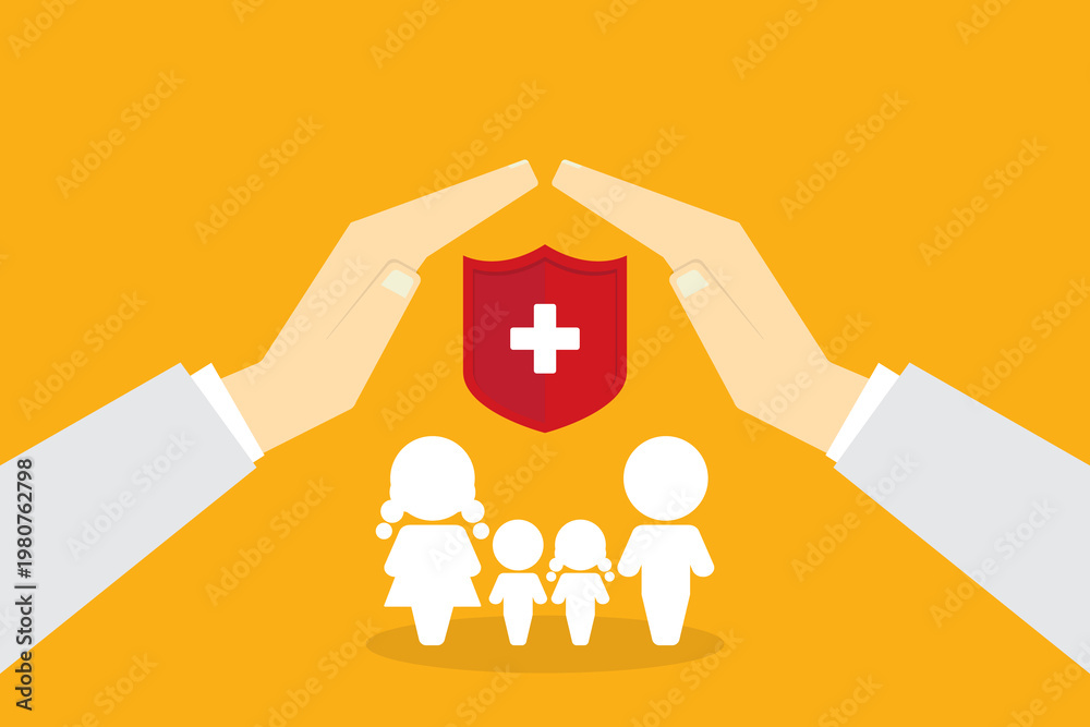 Fototapeta premium Health insurance protection concept with family under protective hands and medical shield, healthcare, safety, life coverage, security, support concept 