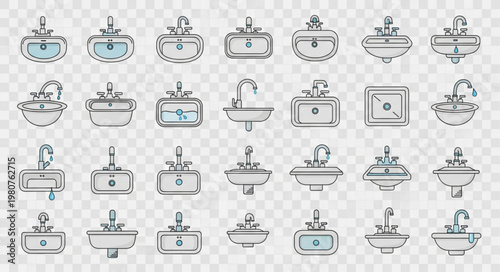 Collection of Various Bathroom Sinks and Faucets Hand Drawn Style.