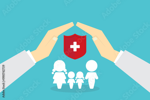 Health insurance protection concept with family under protective hands and medical shield, healthcare, safety, life coverage, security, support concept	