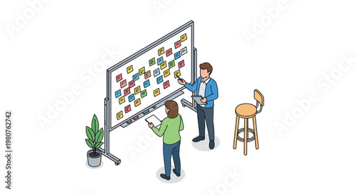 Colleagues collaborate in an open office setting on a business strategy board