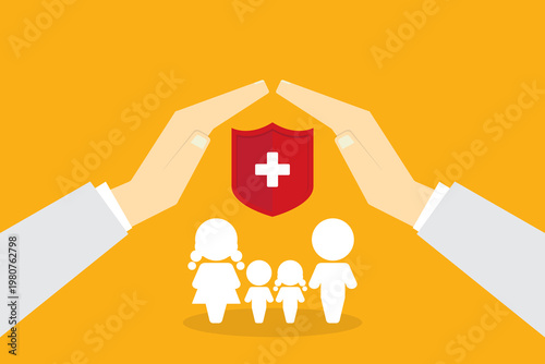 Health insurance protection concept with family under protective hands and medical shield, healthcare, safety, life coverage, security, support concept	