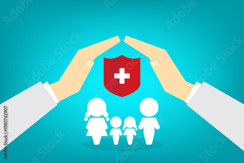 Health insurance protection concept with family under protective hands and medical shield, healthcare, safety, life coverage, security, support concept	