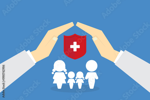 Health insurance protection concept with family under protective hands and medical shield, healthcare, safety, life coverage, security, support concept	