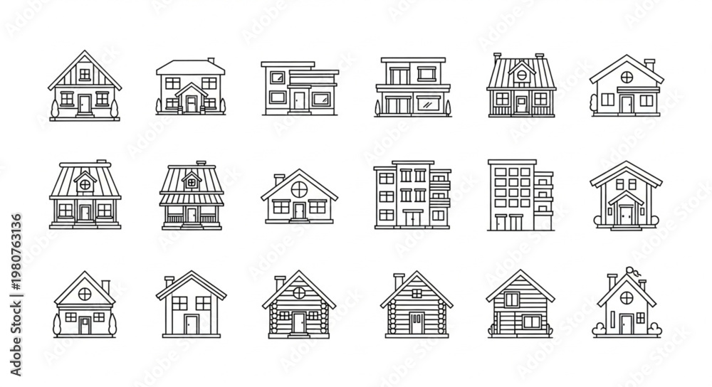 Fototapeta premium Collection of hand-drawn architectural house sketches in black and white.