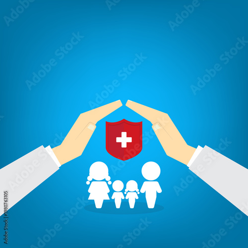Health insurance protection concept with family under protective hands and medical shield, healthcare, safety, life coverage, security, support concept	