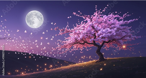 Cherry Blossom Night Under the Moon