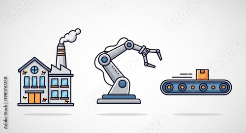 Industrial factory robot arm and conveyor belt icons.