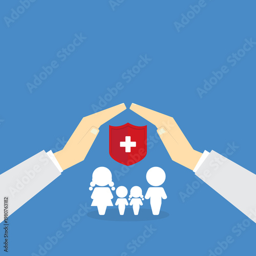 Health insurance protection concept with family under protective hands and medical shield, healthcare, safety, life coverage, security, support concept	