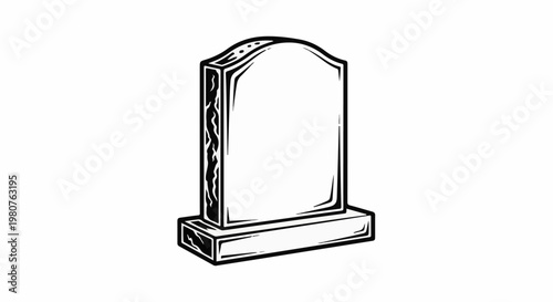 A black and white illustration of a tombstone on a white background