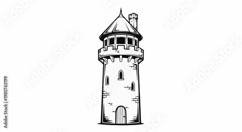 A black and white illustration of a tall, medieval stone tower with a conical roof