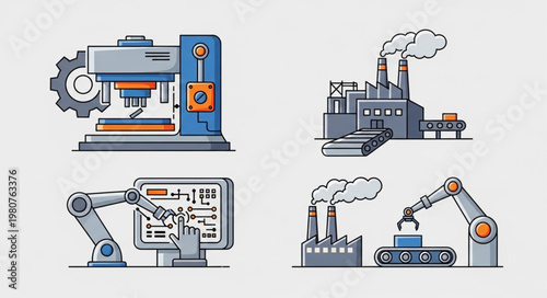 Industrial machinery and automation technology illustration set.
