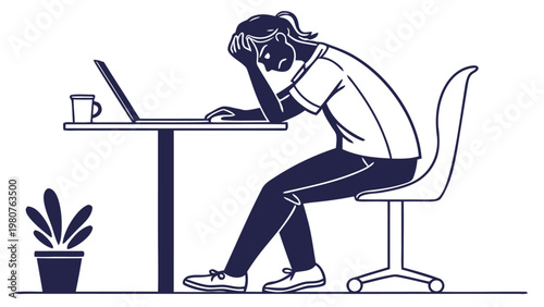 Tired person slouching at desk with laptop conveying exhaustion and burnout in a modern office setting with a plant