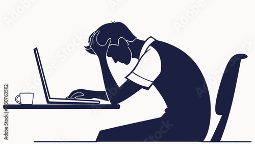 Tired person slouching at desk with laptop and coffee cup feeling exhausted and stressed in office