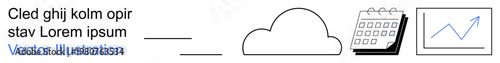 Cloud computing, data storage, teamwork, scheduling, productivity tools, analytics. Minimal design with a cloud, calendar and graph. Cloud computing and data storage clearly