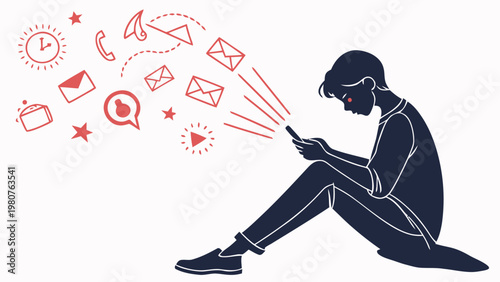 Person sitting alone engrossed in smartphone with social media icons floating around symbolizing online communication and digital connection in isolation
